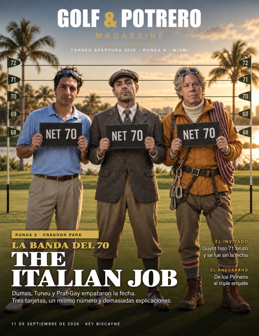 Tapa de Golf & Potrero Magazzine: Dumas, Tuneu y Prat-Gay en una rueda de reconocimiento, cada uno con un cartel NET 70, bajo el titular «La banda del 70 · The Italian Job»