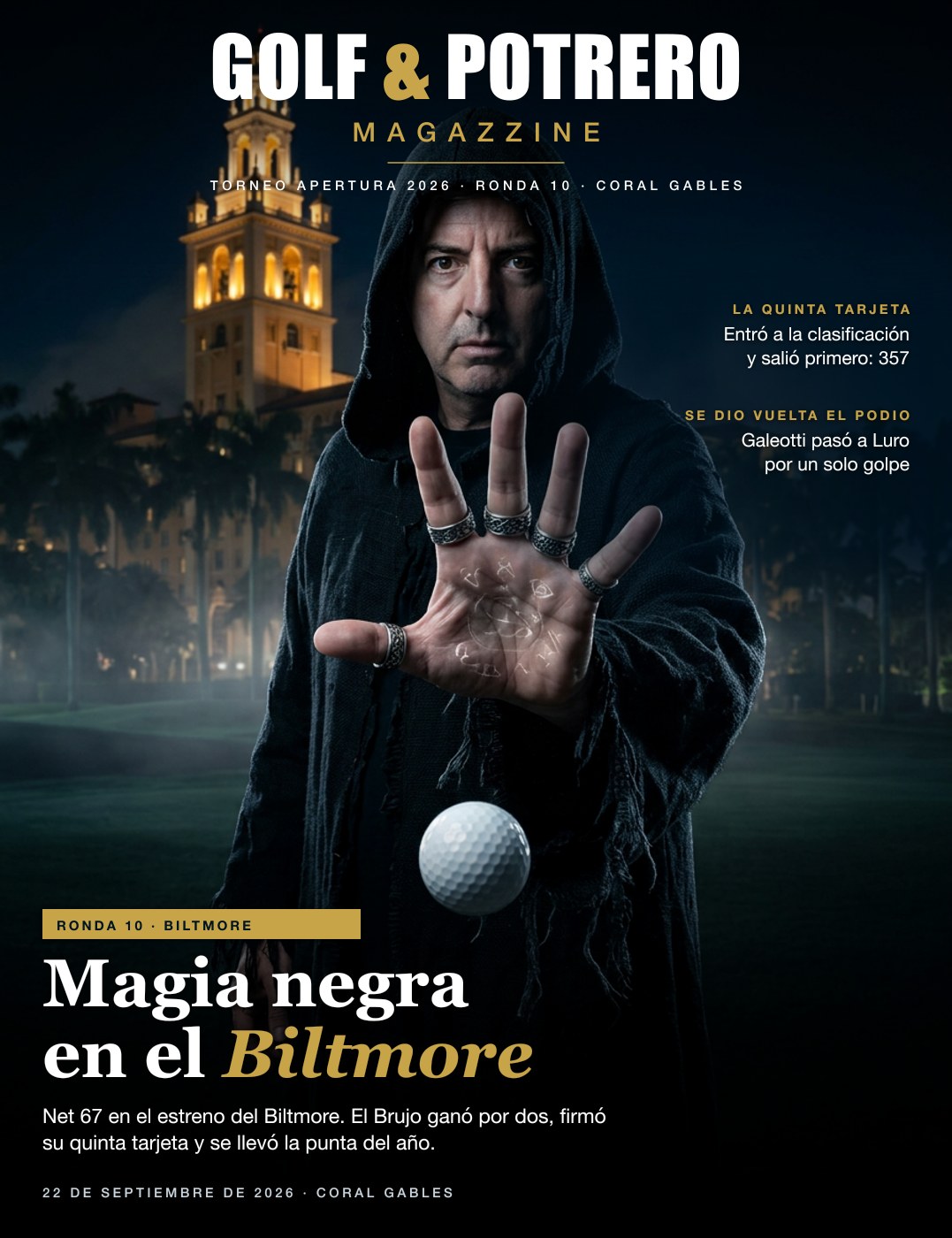 Tapa de Golf & Potrero Magazzine: Ignacio Sangronis encapuchado, con una túnica negra deshilachada y la palma abierta llena de runas, haciendo levitar una pelota de golf frente a la torre iluminada del Biltmore, bajo el titular «Magia negra en el Biltmore»