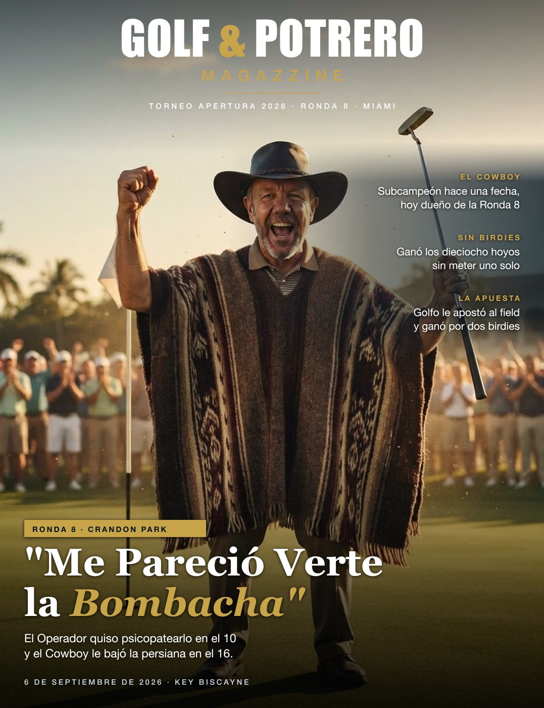 Tapa de Golf & Potrero Magazzine: Juan Patricio Conway en el green del 18, poncho al viento, sombrero de ala ancha y el putter quebrado al hombro como una escopeta, bajo el titular «Me pareció verte la bombacha»