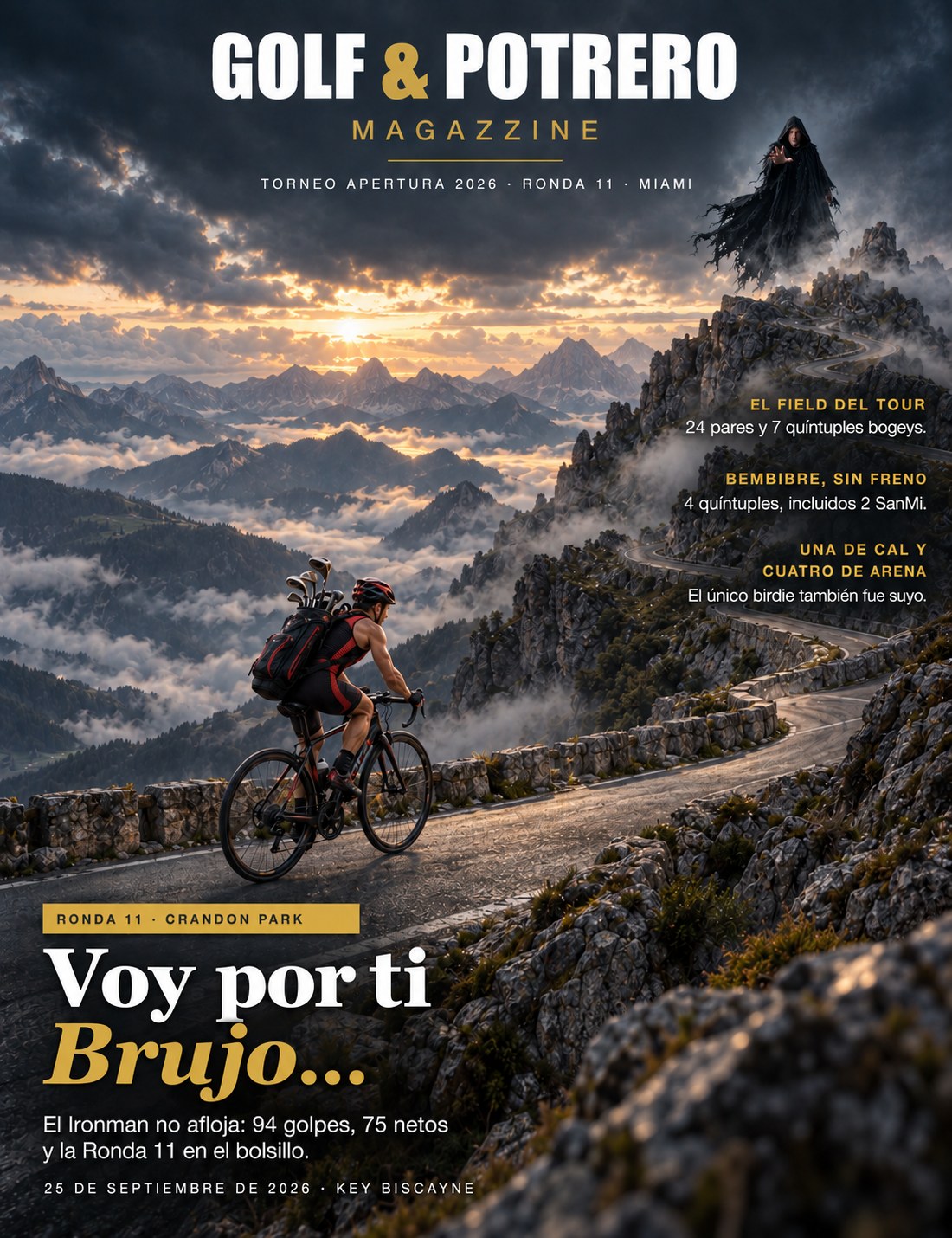 Tapa de Golf & Potrero Magazzine: Gianluca Galeotti en bicicleta, con traje de triatlón y la bolsa de palos en la espalda, sube un camino de montaña al amanecer hacia la cima, donde levita El Brujo con su túnica negra desgarrada, bajo el titular «Voy por ti Brujo…»