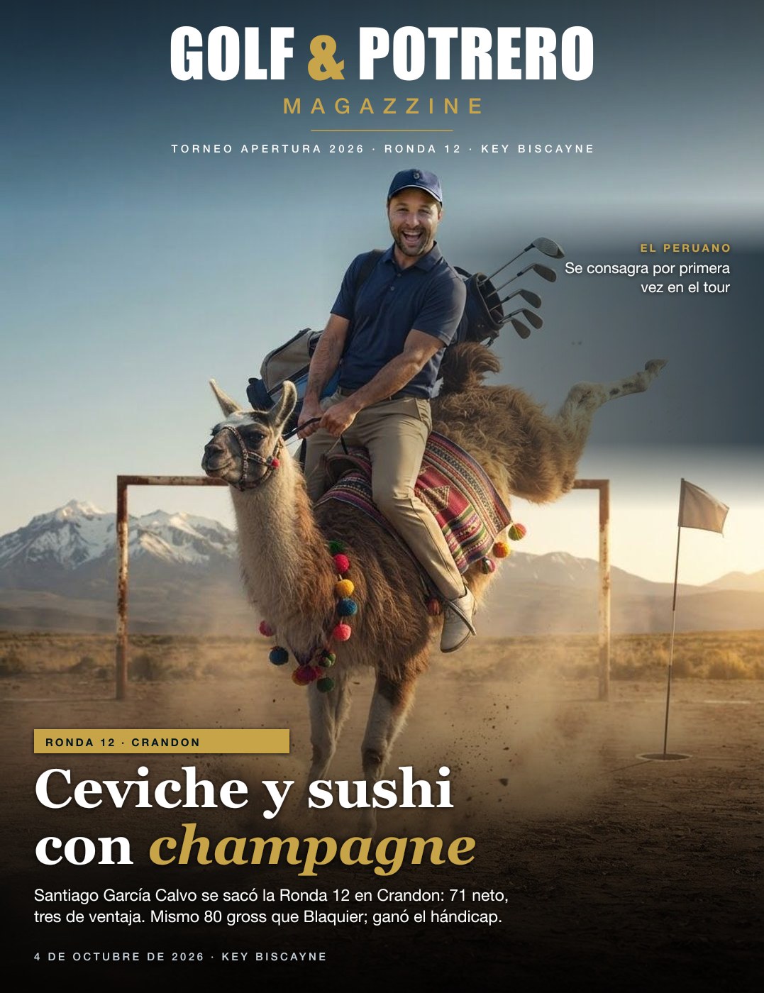 Tapa de Golf & Potrero Magazzine: Santiago García Calvo, sonriente, arriba de una llama que corcovea en un potrero de tierra con la cordillera atrás, la bolsa de palos al hombro, bajo el titular «Ceviche y Sushi con Champagne»