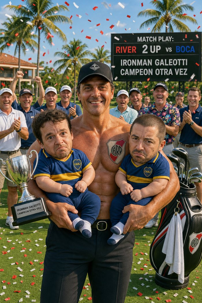 Gianluca 'Luki' Ironman Galeotti sosteniendo a upa a Murman y Blaquier (con camisetas de Boca) después de ganar el Match Play River vs Boca por 2 hoyos de ventaja en Crandon Park