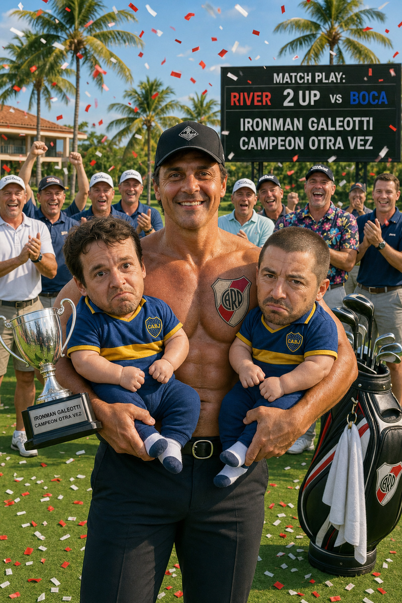 Gianluca 'Luki' Ironman Galeotti sosteniendo a upa a Murman y Blaquier (con camisetas de Boca) después de ganar el Match Play River vs Boca por 2 hoyos de ventaja en Crandon Park
