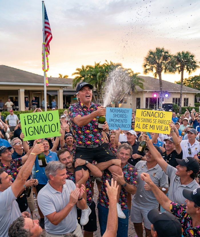 Ignacio 'El Brujo' Sangronis levantado por la hinchada en Normandy Shores, descorchando champagne al atardecer